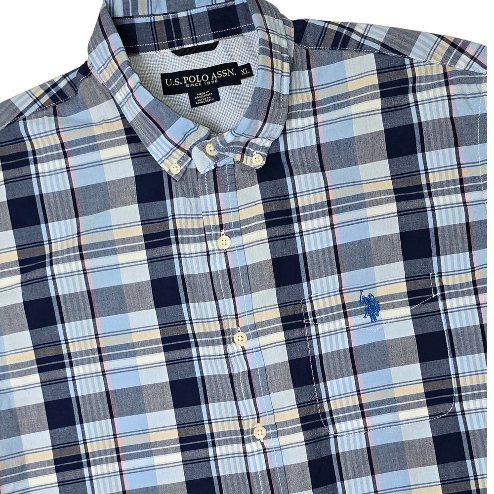 U.S. Polo Assn Button Down Mens XL Blue Plaid Short Sleeve Cotton Shirt
